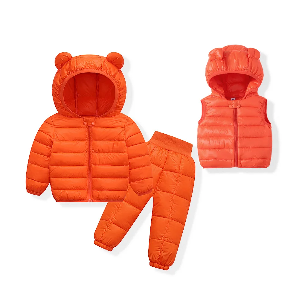 Autumn Winter Children Clothing Set Kids Down Jacket Ears Boy Girls Three-piece Set Kids Clothing Baby Cotton Jacket Pants Thick