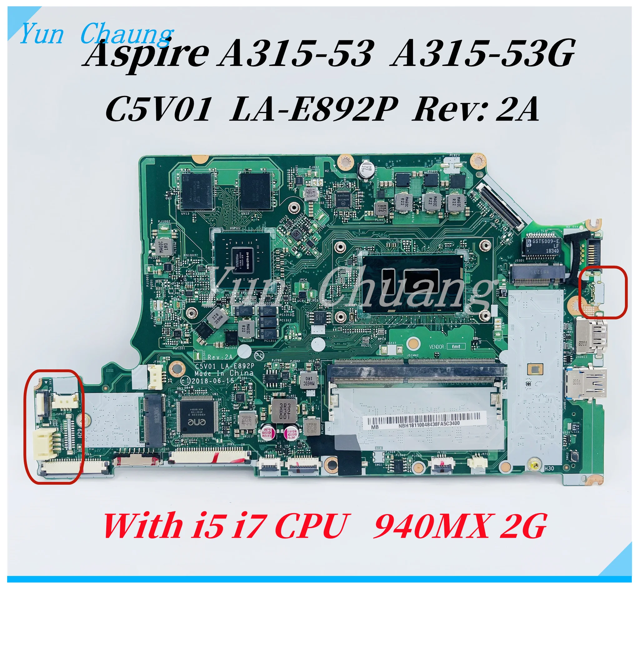 For ACER Aspire A315-53 A315-53G Laptop Motherboard C5V01 LA-E892P REV:2A Mainboard With i3 i5 i7 CPU 940MX 2G GPU 4GB-RAM DDR4