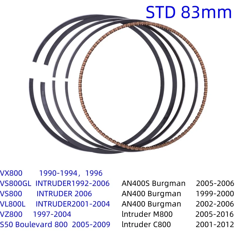 

STD83mm +0.25 +0.5 Piston Rings For SUZUKI AN400 AN400S Burgman S50 Boulevard 800 lntruder M800 C800 VX800 VS800 VZ800 VL800