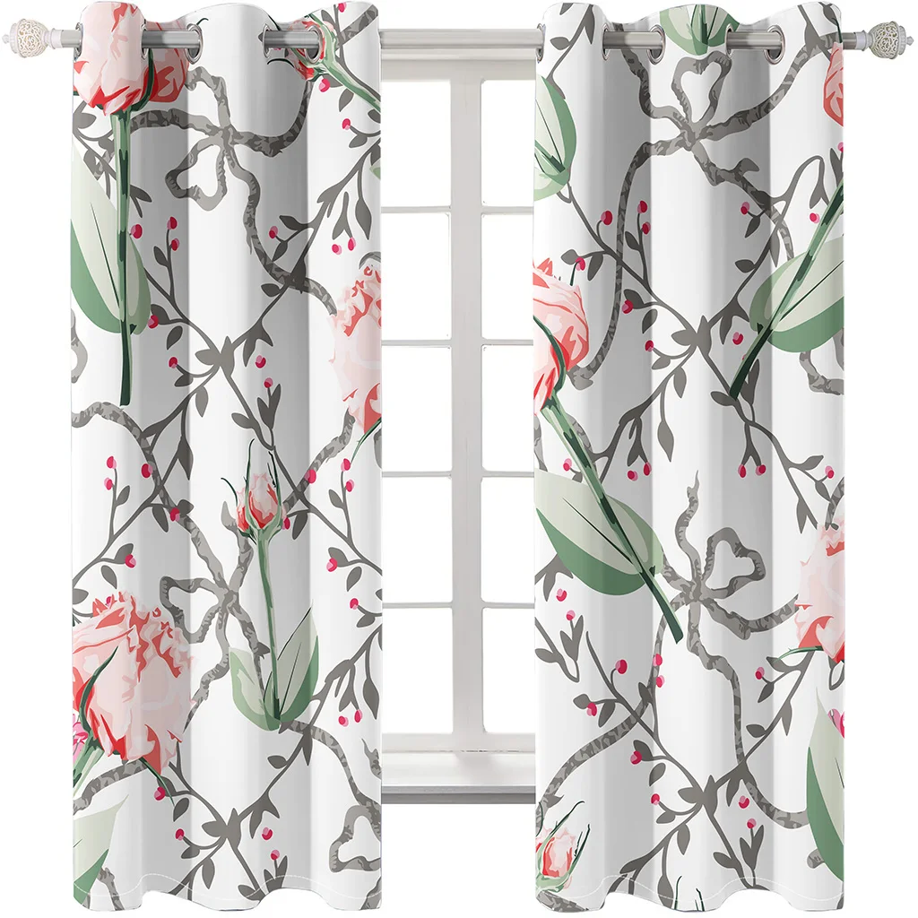 Flower Vintage Floral Odorless Thin Window Curtains for Kids Living Room Bedroom Bathroom Door Kicthen Decor Blinds Hall 2Pieces