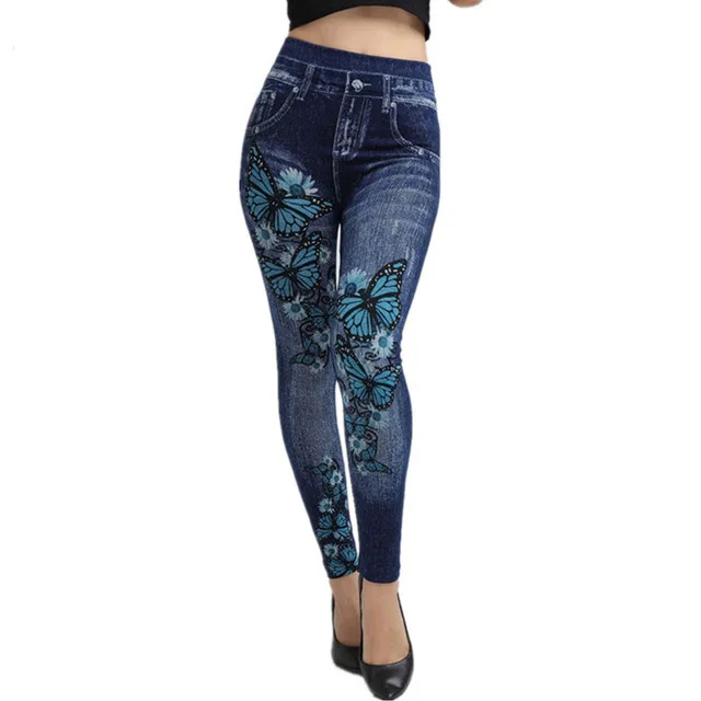 2025 new European and American integrated pants imitation denim leggings big butterfly super elastic hip-lifting leggings