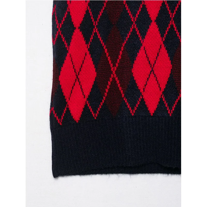 Moda donna Argyle senza maniche scollo a V gilet lavorato a maglia maglione femminile chic allentato corto pullover gilet casual top