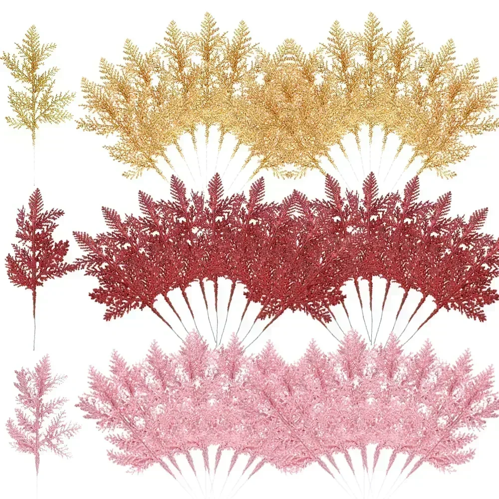 5Pcs Christmas Artificial Pine Leaves Branches Gold Simulated Plants Glitter Garland Xmas Tree Ornament Home New Year Decoration