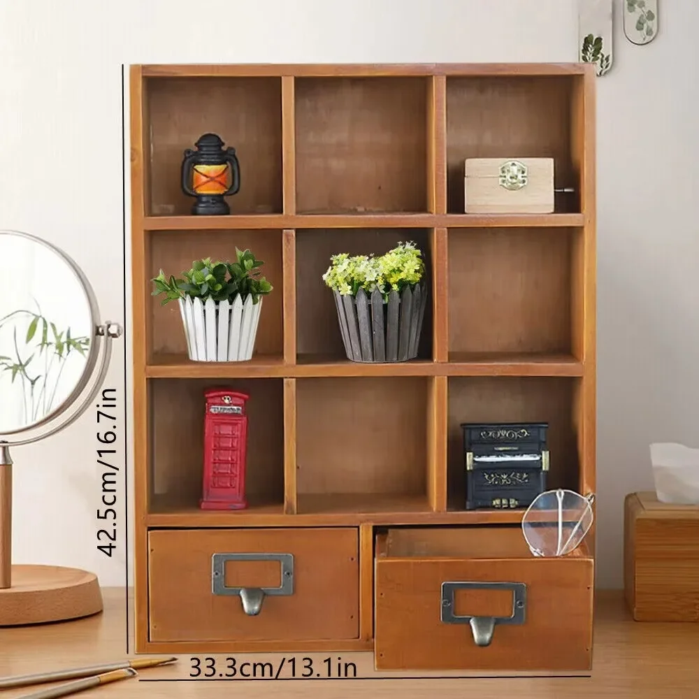 

9 Grids Wooden Shelf Bookcase Vintage Wooden Storage Shelves Office Organizer Cabinet With 2 Drawers Living Room Furniture
