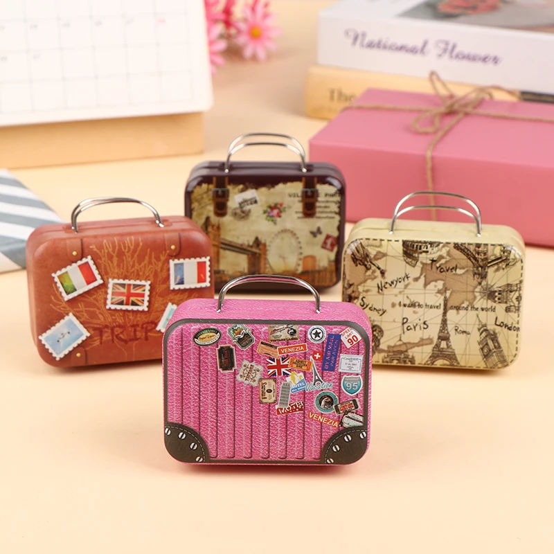 1 Pc Retro Storage Tin Mini Box Rectangular Tinplate Suitcase Small Candy Snack Packaging Makeup Cosmetic Sewing Organizer