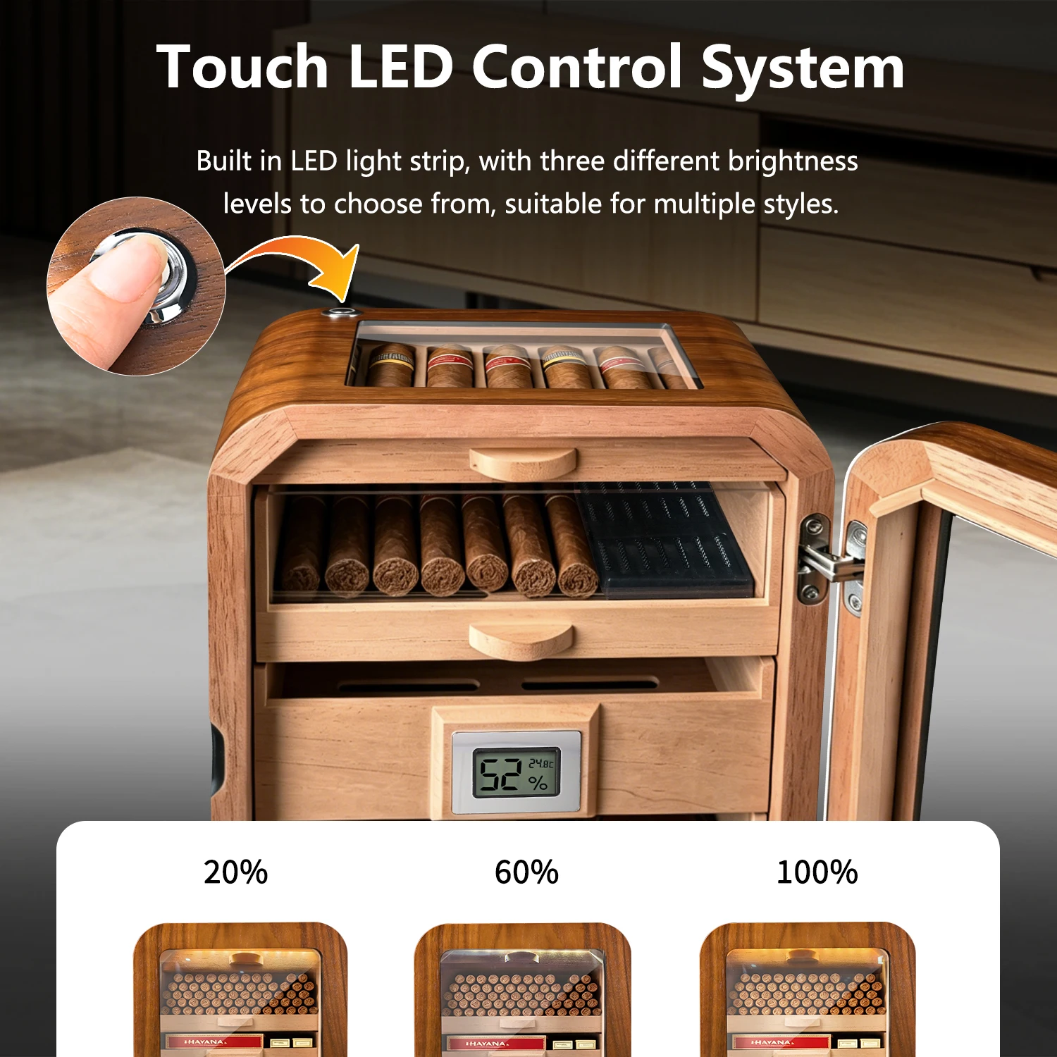 100-150 CT Humidor Cabinet 5 Layer Desktop  Spanish Cedar Wood Cigars Cabinet With Eco-friendly Paint Led Light Cigar Cabinet