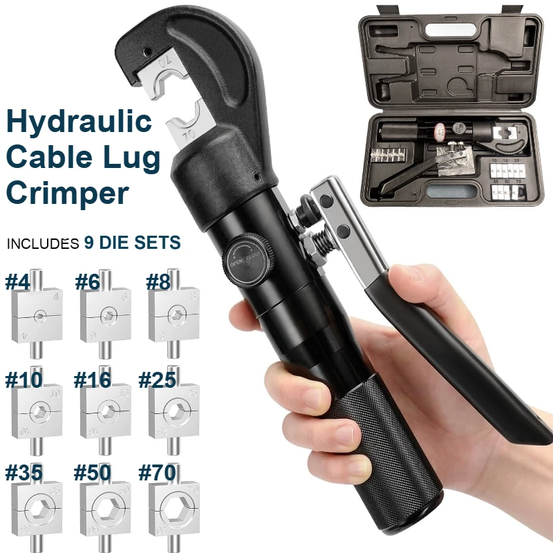 Kit de herramientas de engarzado hidráulico manual con 9 troqueles, engarzadora de terminales de cable hidráulico, 8 US TON 12 AWG a 00 (2/0)