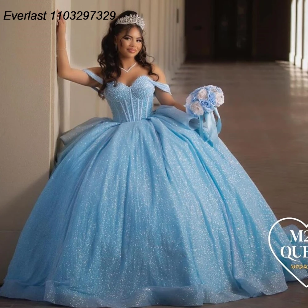 EVLAST Customized Mexican Shiny Sky Blue Quinceanera Dress Ball Gown Applique Beaded Bow Sweet 16 Vestidos De 15 Anos TQD775