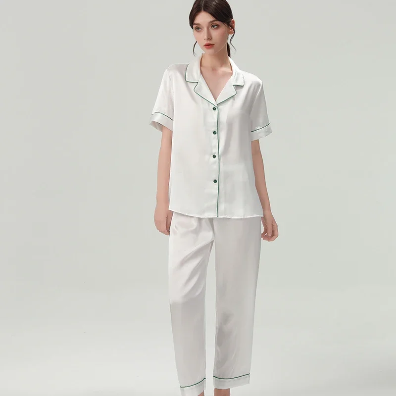19MM 100% Mulberry Silk Short-sleeved Trousers Two Piece Set Woman's Pajama Nightwear Autumn Solid Color Cardigan Pijamas Nighty