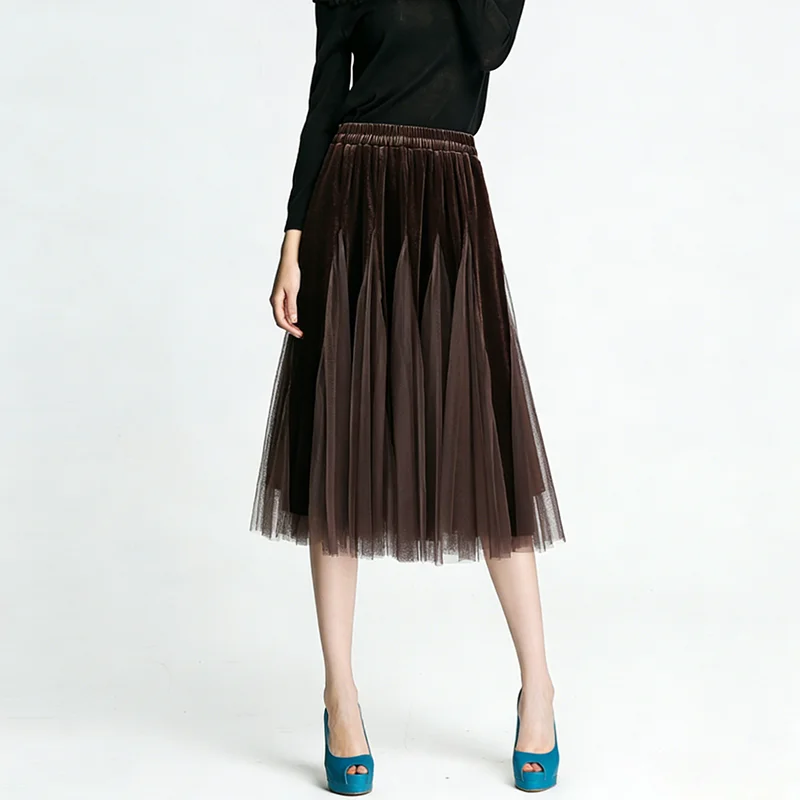 

New Fashion Velvet Patchwork Mesh High Waist Slimming A-line Skirt For Women PY26033