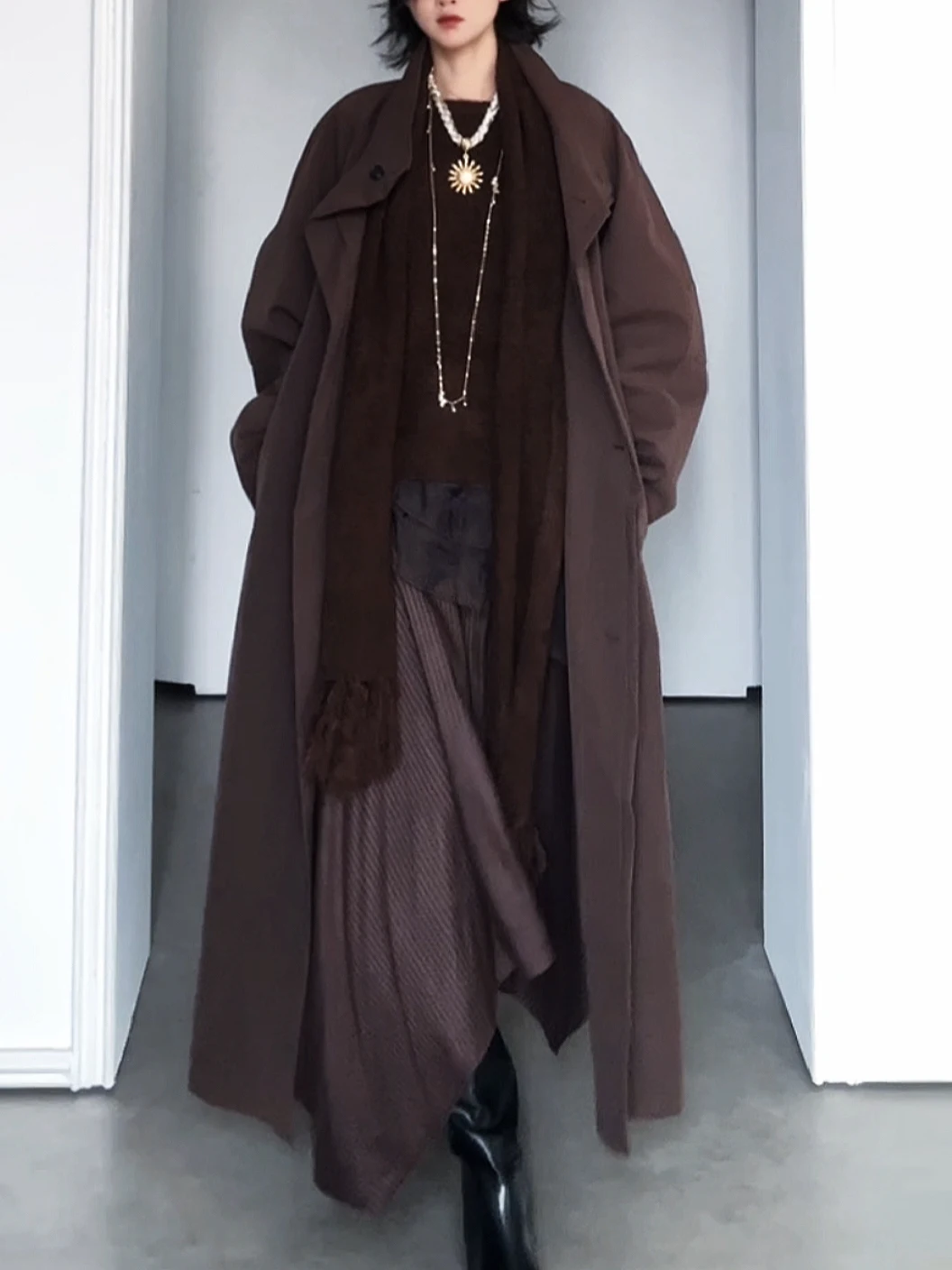 

Retro Brown Scarf Loose Coat Women's Long Sve Cotton Nylon Blend Spring Faion Ele A-Line Skirt Casual Outerwear