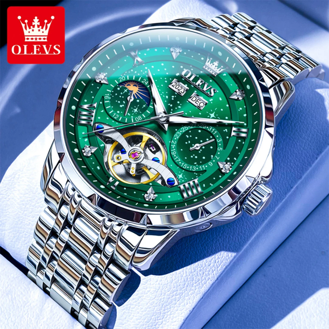 

OLEVS 6690, модные механические часы, подарочные наручные часы с круглым циферблатом и ремешком из нержавеющей стали