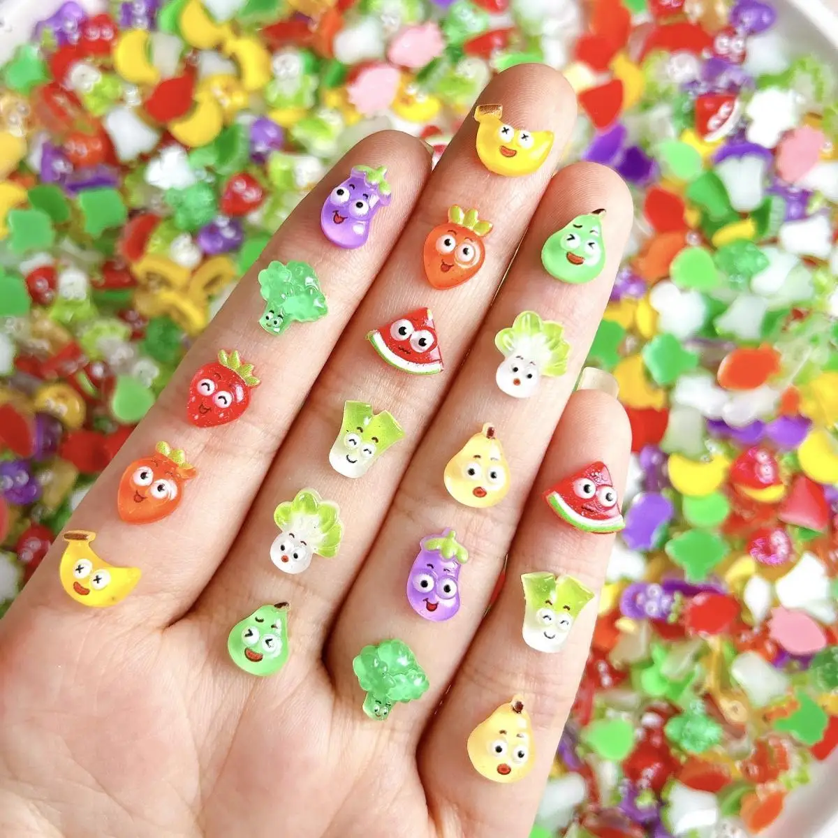 3D เรซิ่นน่ารักชุดผลไม้ตกแต่งเล็บอุปกรณ์เสริม Facial Expressions ผักเล็บ Charms สําหรับเล็บ DIY