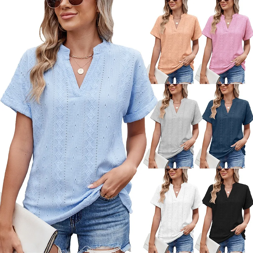 Women Short Sleeve T Shirt V Neck Loose Fit Light Cotton Blend Solid Macaron Color Peach Tee Rolled Cuff Sleeve Casual Women's