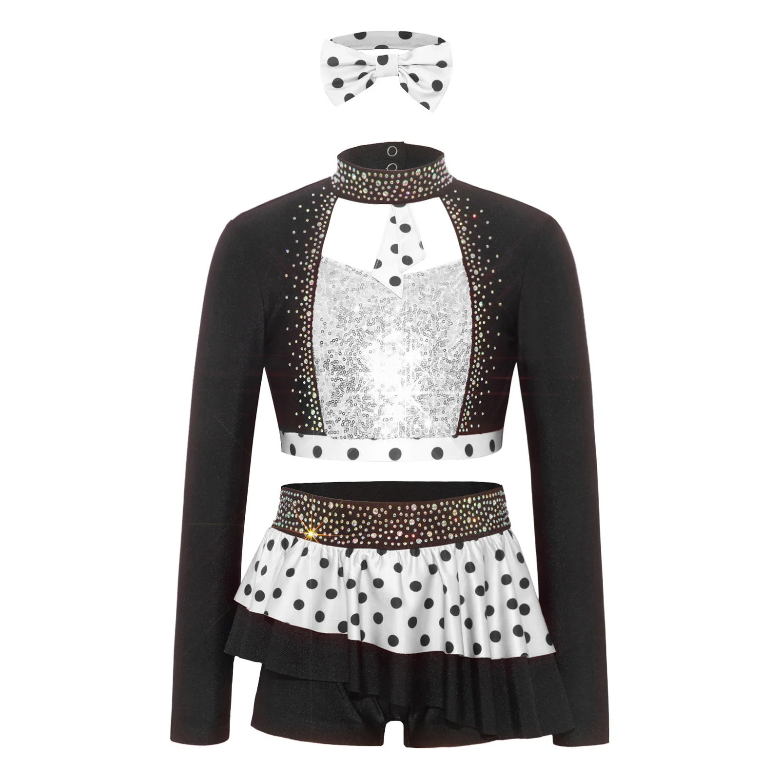 

Kids Girls Sequins Rhinestones Jazz Dance Outfit Cutout Design Long Sleeve Crop Top with Skirted Shorts for Acro Dance Costumes