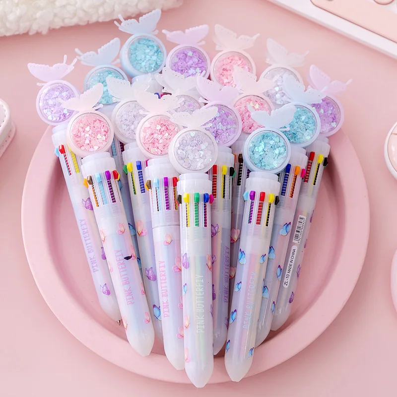 Creative Multicolor 10 Colors Cute Cartoon Ballpoint Pen Push Button Stationery Students Kids Small Fresh Gift Korean Style