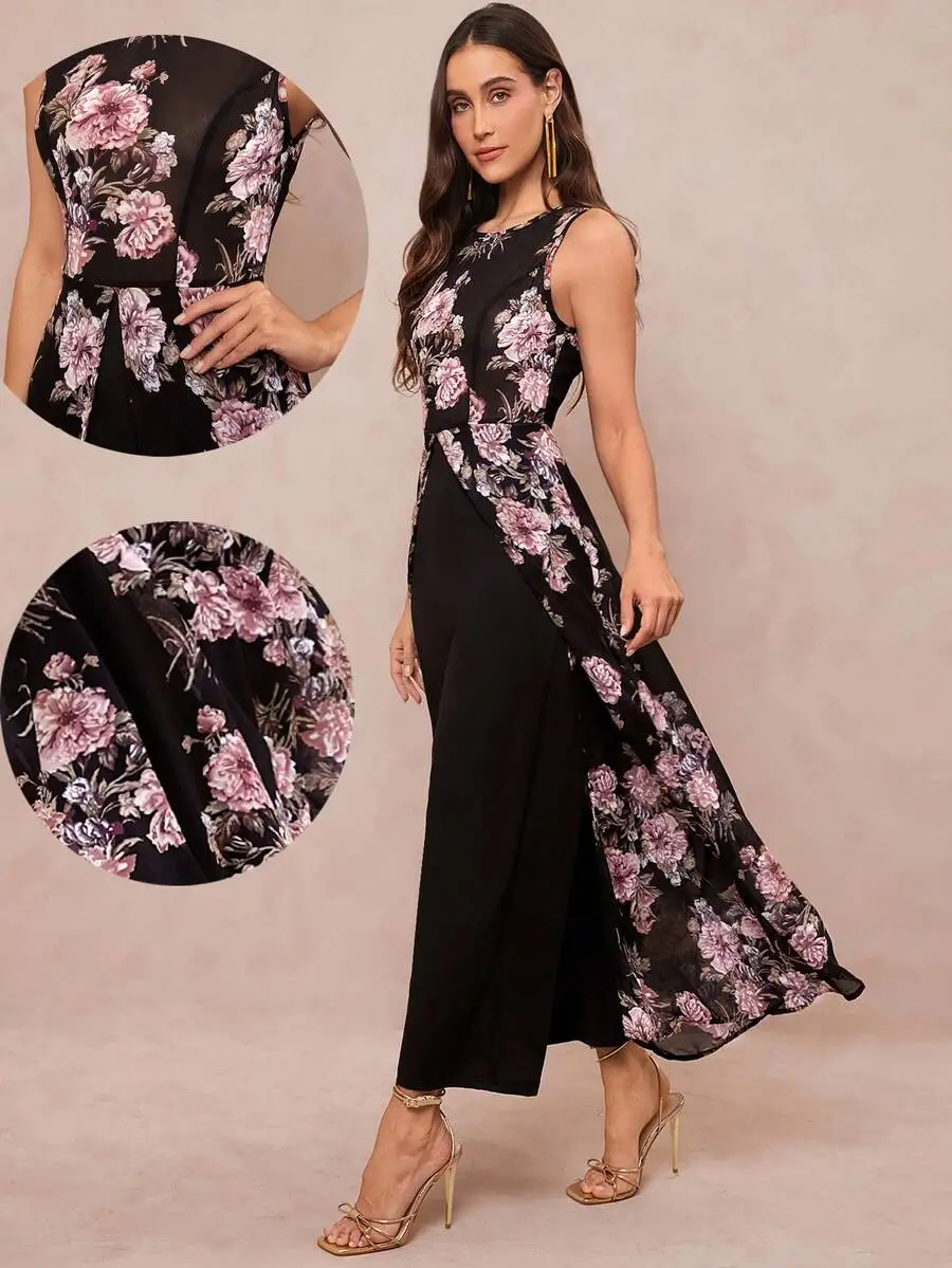 

Women's Black Floral Print Sleeveless Wrap Jumpsuit with High Waist and Flowy Skirt