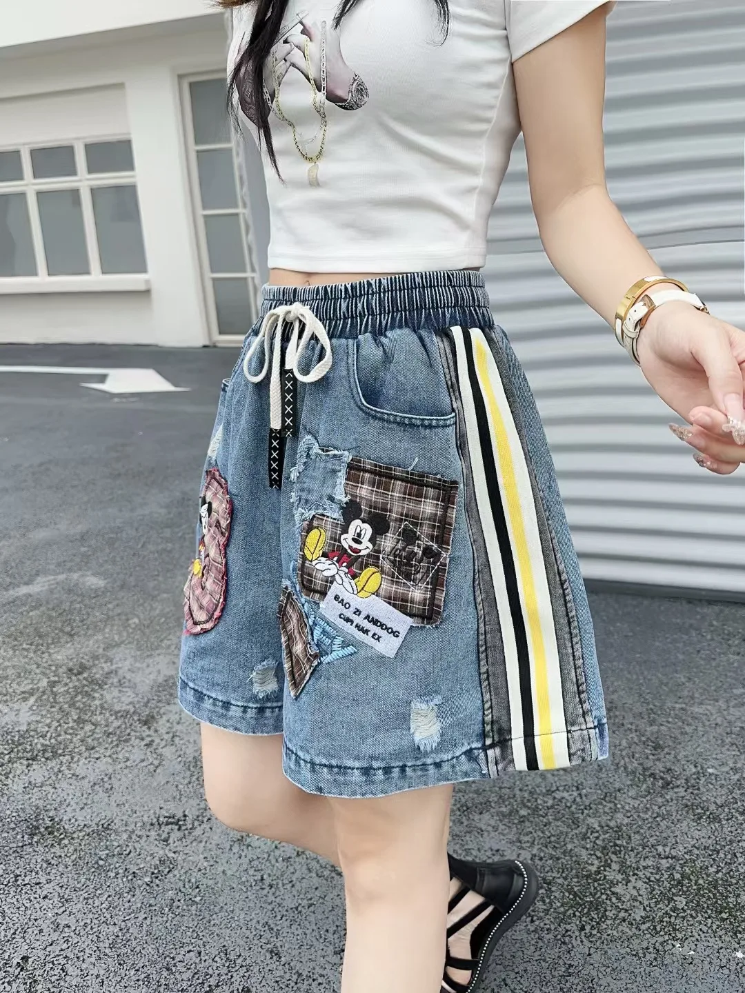 Summer New Korean Style Loose Versatile Cartoon Print Denim Shorts Women Hot Pants Ins Trend Elastic Waist Blue Denim Shorts