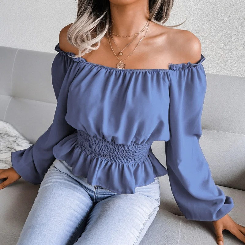 Ficusrong Women Spring Sexy Slash Neck Off Shoulder Ruffled Chiffon Tops For Ladies Fashion Solid Color Waist Blouses