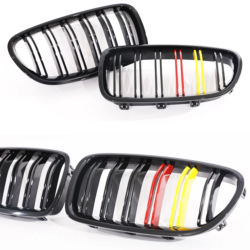 For BMW 5 Series F10 F11 2010-2018 Double Line Grill Chrome Black Silver Gloss Black Racing DE Flag Grille 520 525 530 535 540 view 6
