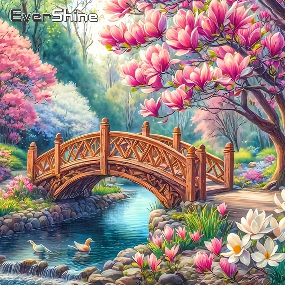 Evershine Diamant-Stickerei Landschafts-Strassbild Mosaik Kirschblüten Vollbohr-Malerei Brücken-Bastelset Wandkunst