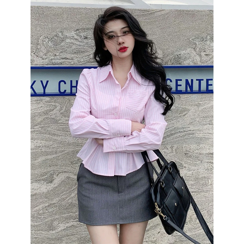 Elegant Striped Shirts Women Y2K Streetwear Folds Tunic Crop Tops Korean Fashion Simple Pink Long Sleeve Slim All Match Blouses