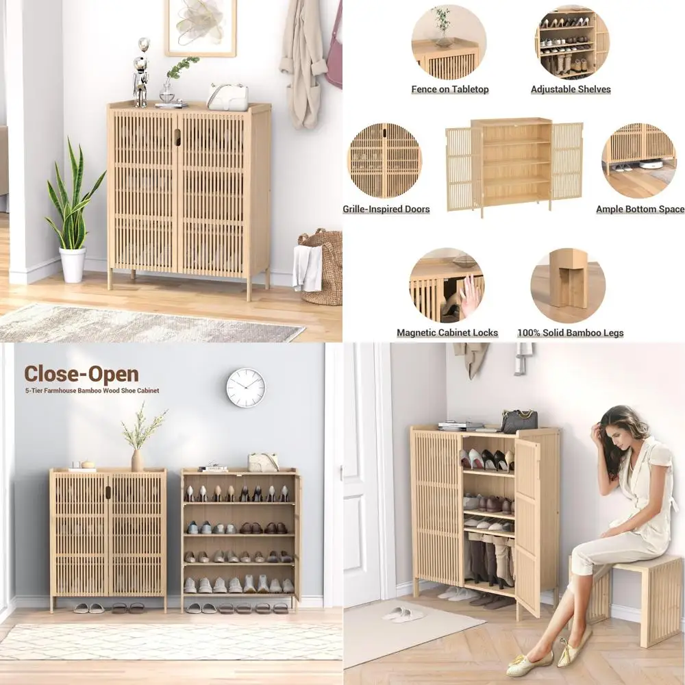 Armadietto portascarpe in bambù da 20 paia con 5 livelli e ante a griglia per stile fattoria