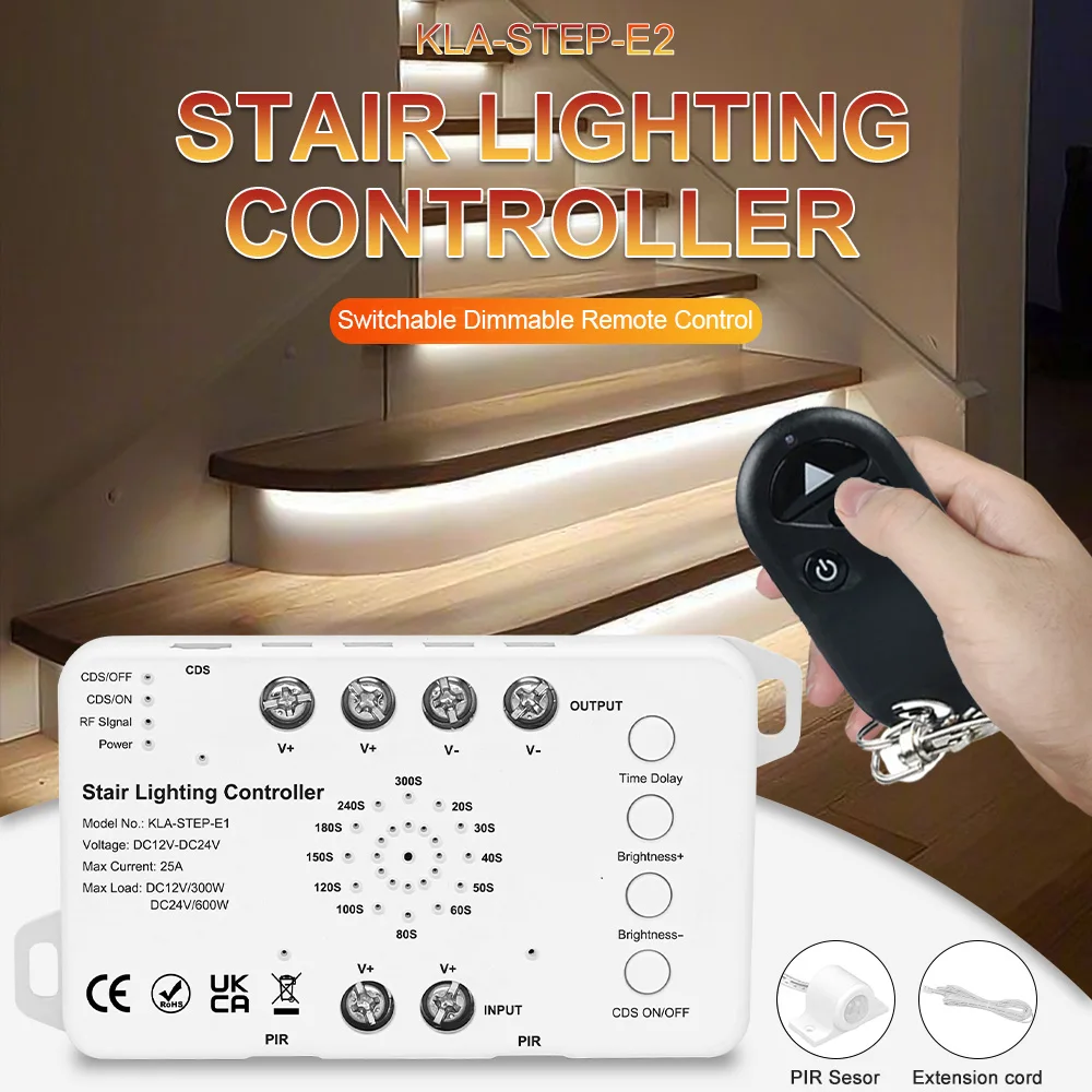 Motion Sensor 1-24 Steps LED Stair Light E2 Controller Dimmable Remote Control 24V LED COB Tape Easy Install LED Staircase Light