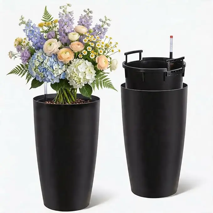 

Набор из 2-х высоких кашпо высотой 22 дюйма, самополивающиеся горшки, большие пластиковые цветочные горшки со встроенной дренажной системой и индикатором уровня воды.