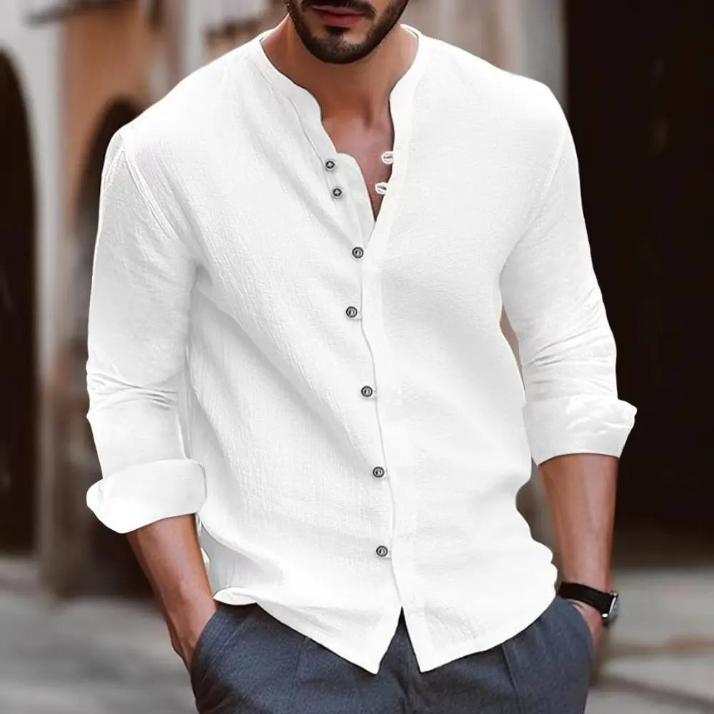 Hot new men\'s cotton linen shirt loose comfortable casual linen young men stand collar solid color shirt