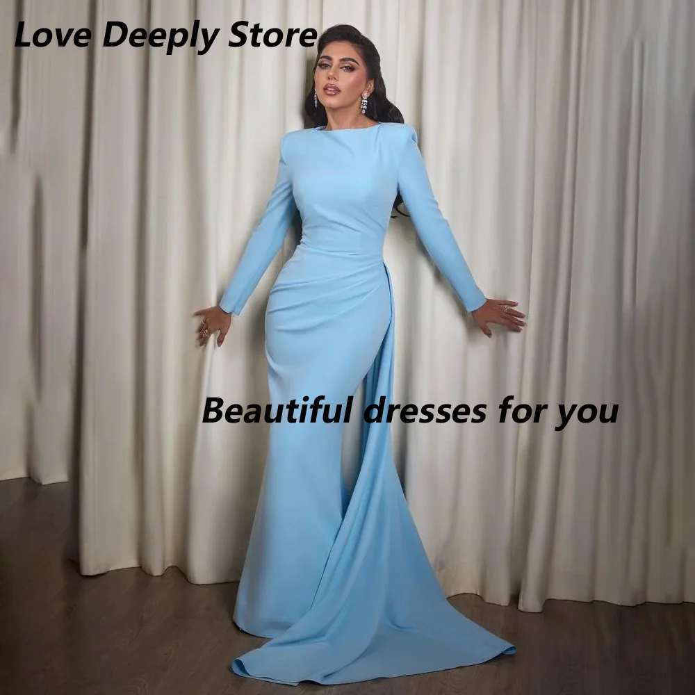 

Light Blue Evening Dress O Neck Long Sleeve Evening Gowns or Women 2025 Elegant Mermaid Sweep Train Party Dresses Customized