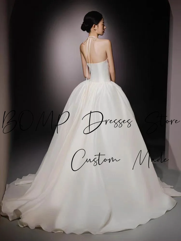 BOMP クラシックウェディングドレス ホルタープリーツ Aライン フロアレングス アイボリー オーガンザ 韓国写真撮影 ブライダルレセプションドレス カスタム エレガント