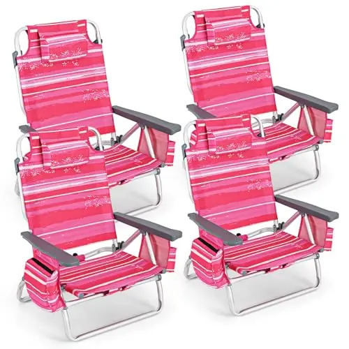 Beach Chair, Folding Backpack Beach Chairs for Adults w/Adjustable Positions, Head Pillow, Cooler Bag, Towel Bar, Cup