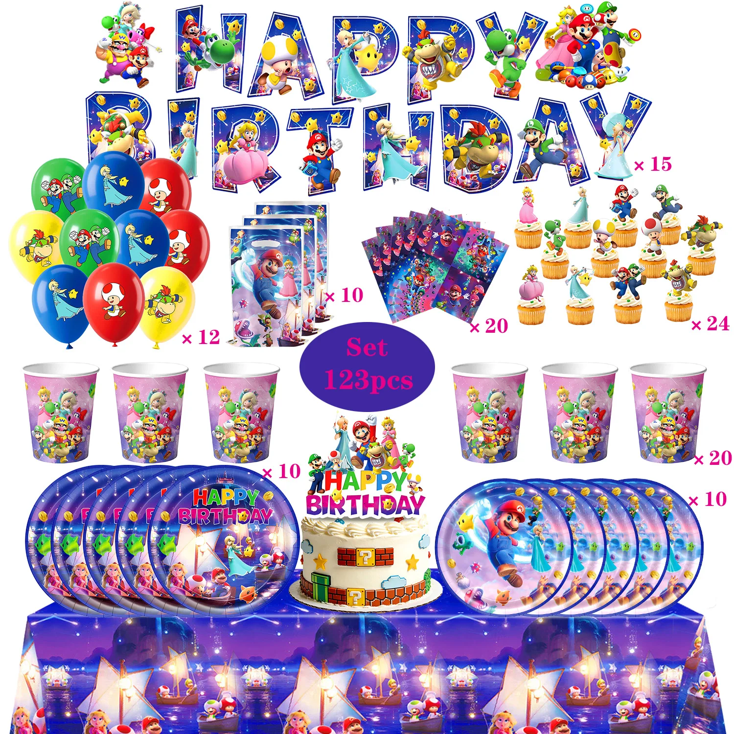 Décoration d'anniversaire pour enfants Voie Lactée, vaisselle Super Mario, gobelets, assiettes, ballons, cadeaux de fête d'anniversaire, jouets