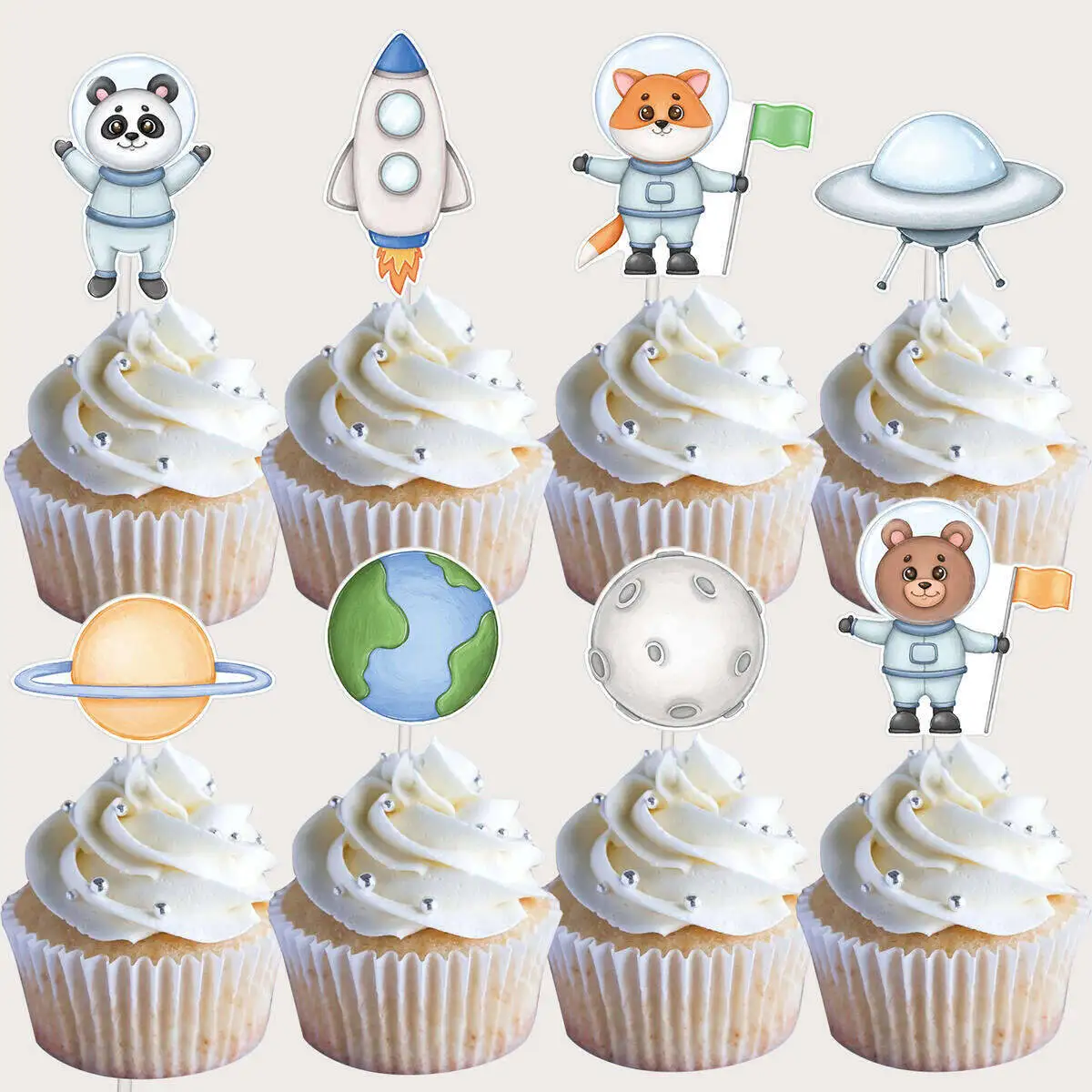 32Pcs Cartoon Planet Rocket Cake Toppers Animal Astronaut Cupcake Topper For For Outer Space Birthday Party Decoration DIY Gifts