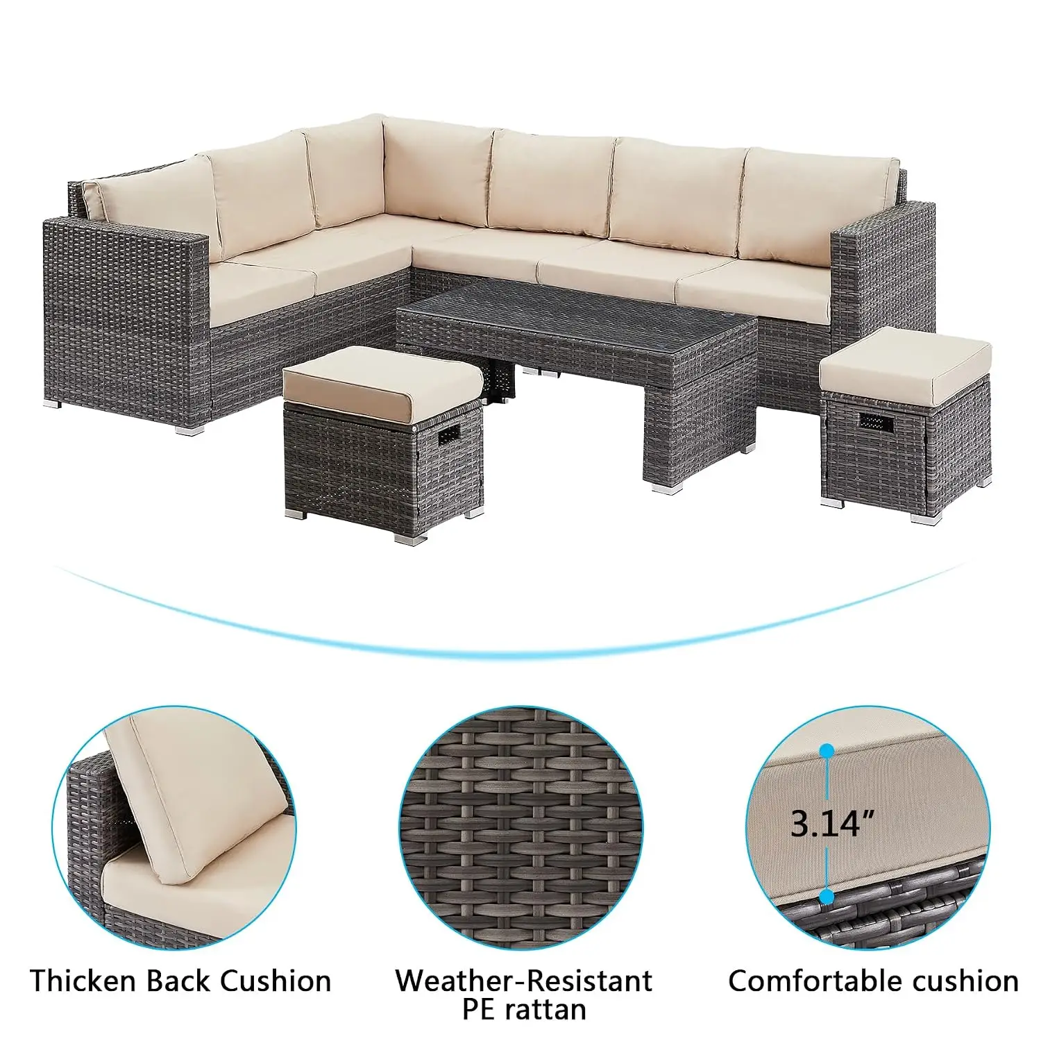 All Weather Wicker Rattan Outdoor Sectional Sofa Set With Ottoman & Coffee Table, Customized