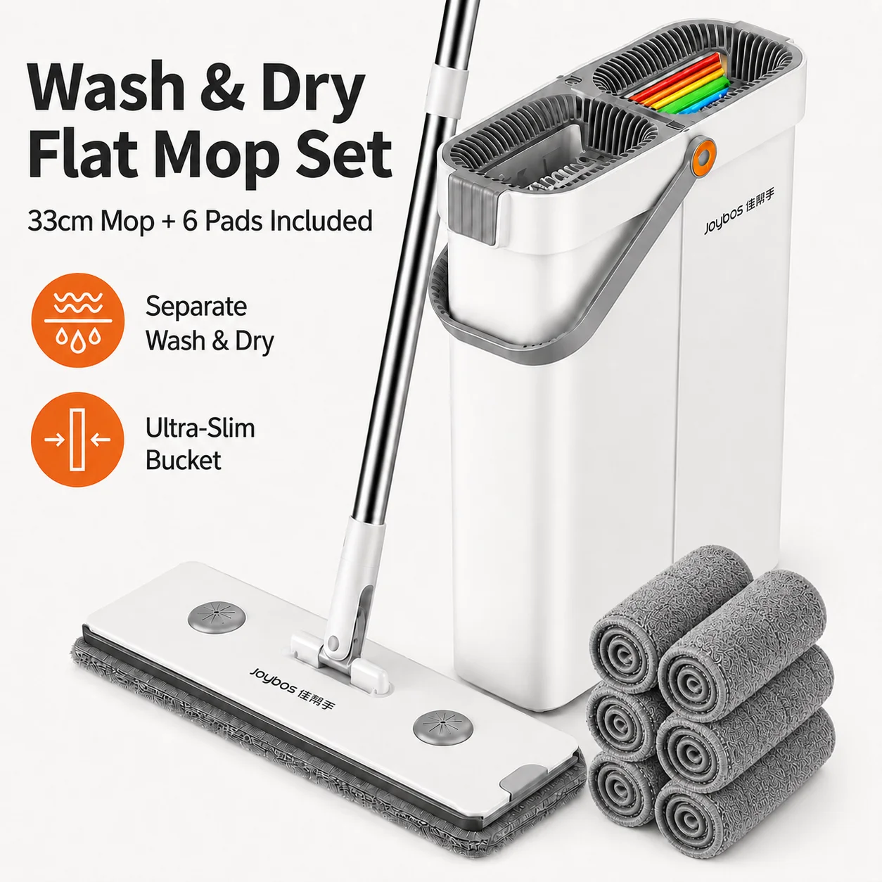 Joybos Ultra-Slim Flachmopp-Set mit Eimer 360° ° Schwenkbares, freihändiges Wasch- und Trocknungssystem mit 2 Mikrofaser-Pads für Hartholz, Fliesen und Laminat