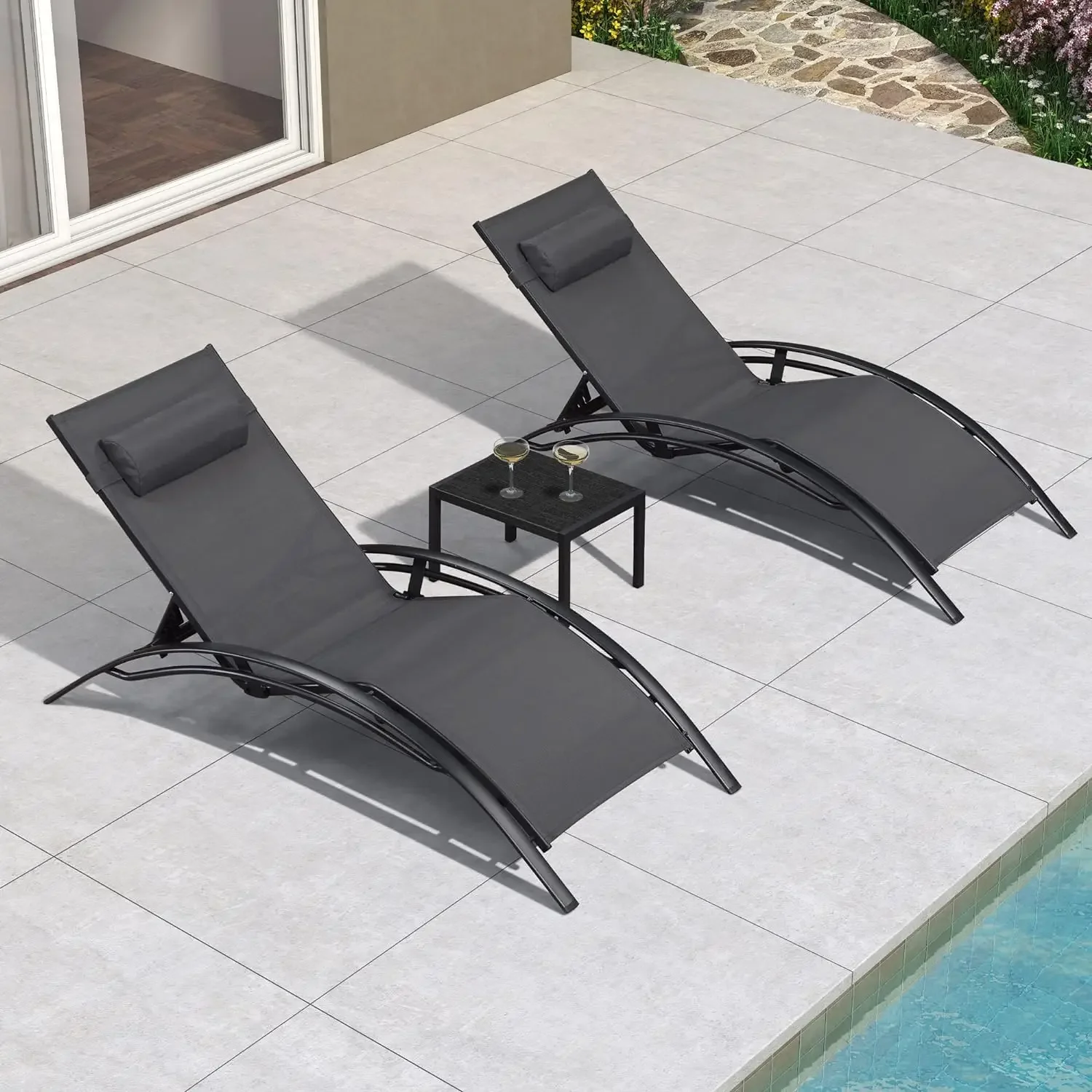 

Patio Chaise Lounge Chair Set with Side Table Pool Adjustable Recliner Chairs for Outdoor Sunbathing Tanning Poolside Loungers