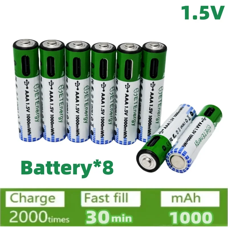 USB AAA Rechargeable Batteries 1.5V 1000mAh li-ion battery for remote control mouseElectric toy battery + Type-C Cable