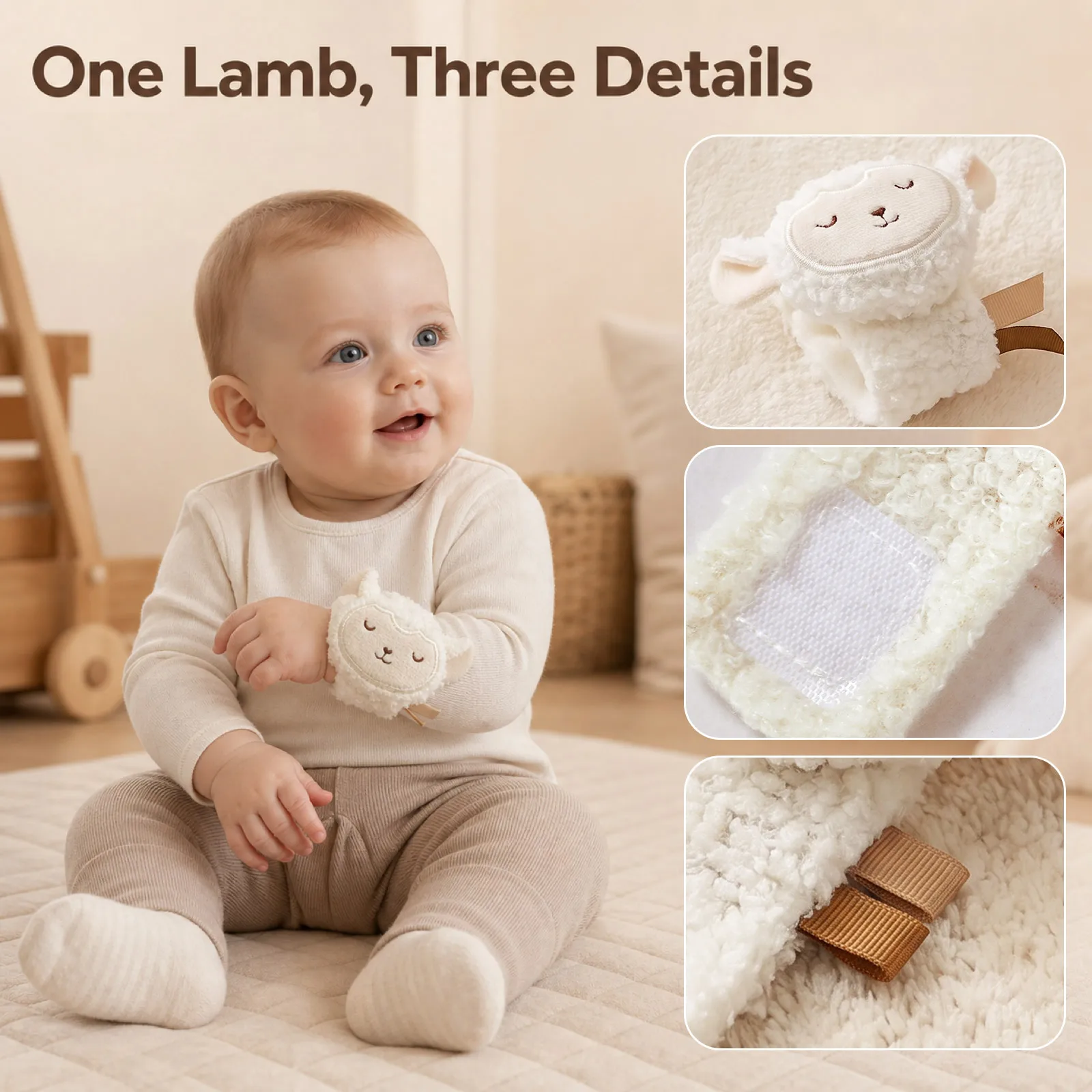 Baby Wrist Rattle Lamb 0-12 Months - Soft Plush Sensory Toy with Crinkle & Bell for Newborn Infant Hand Grip Development Gift