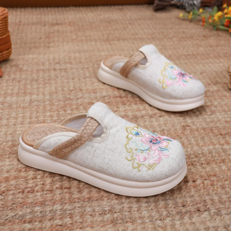 Женские летние тапочки с широким круглым носком и вышивкой, дышащие сабо в стиле ретро, уличная танцевальная модельная обувь, льняная обувь из конопли для отдыха