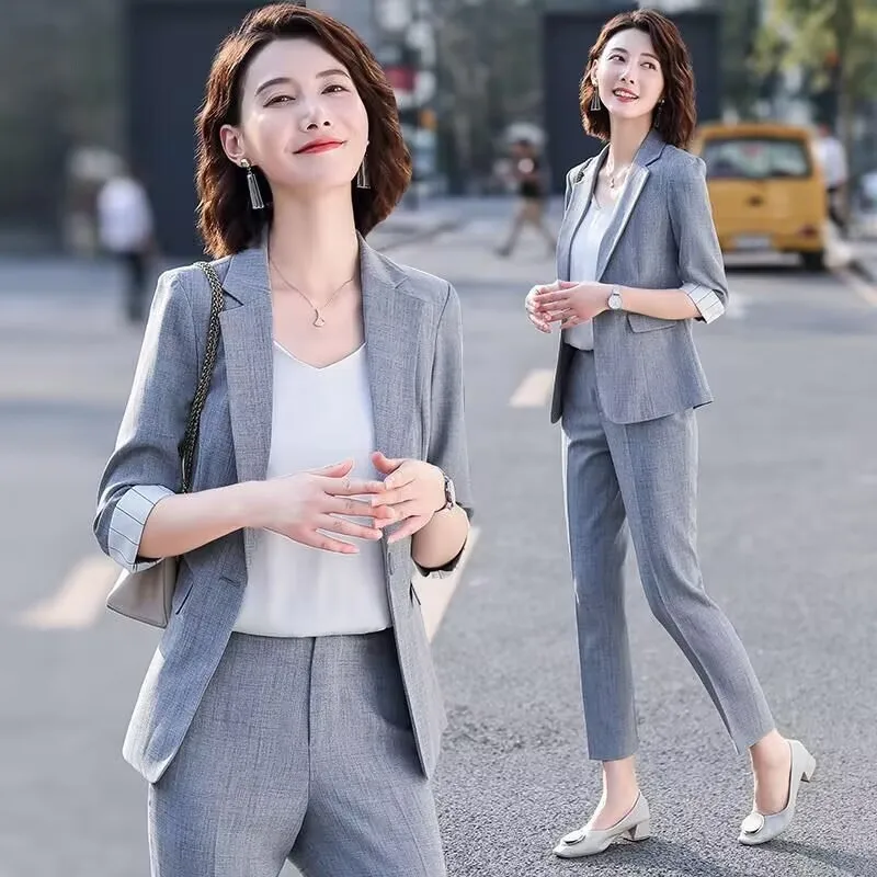 Spring Summer Women Thin Style Stripe Professional Attire Blazer Two Piece Set Korean Fashion Leisure Occupation Blazer Pant Set