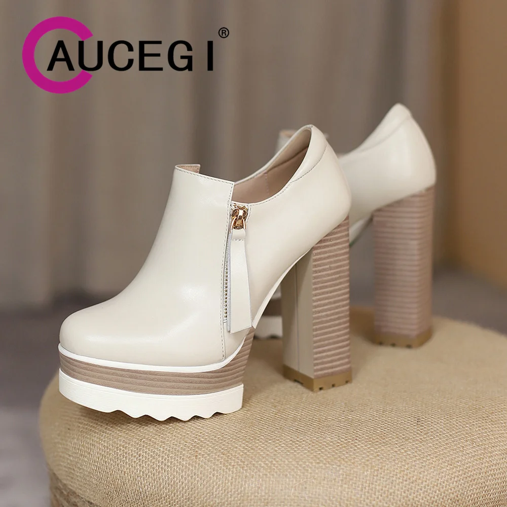 

Aucegi Women Genuine Leather New Spring British Style Pumps Zipper Round Toe Casual Platform Thick High Heels Handmade Shoes