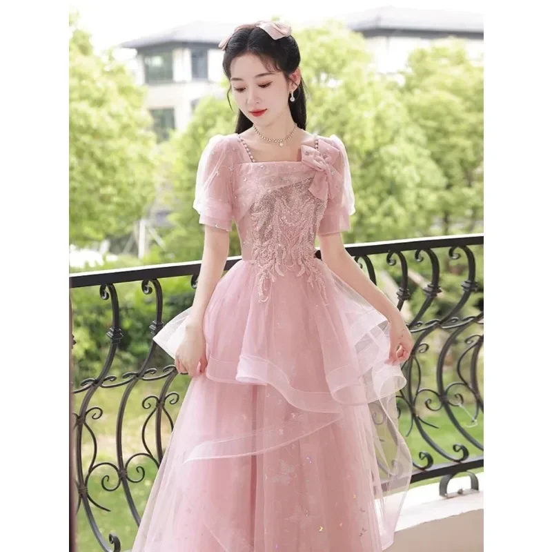 فستان سهرة نسائي وردي طويل خرافي خفيف فاخر ذو إحساس عالٍ فستان الأميرة الصغير لعيد الميلاد