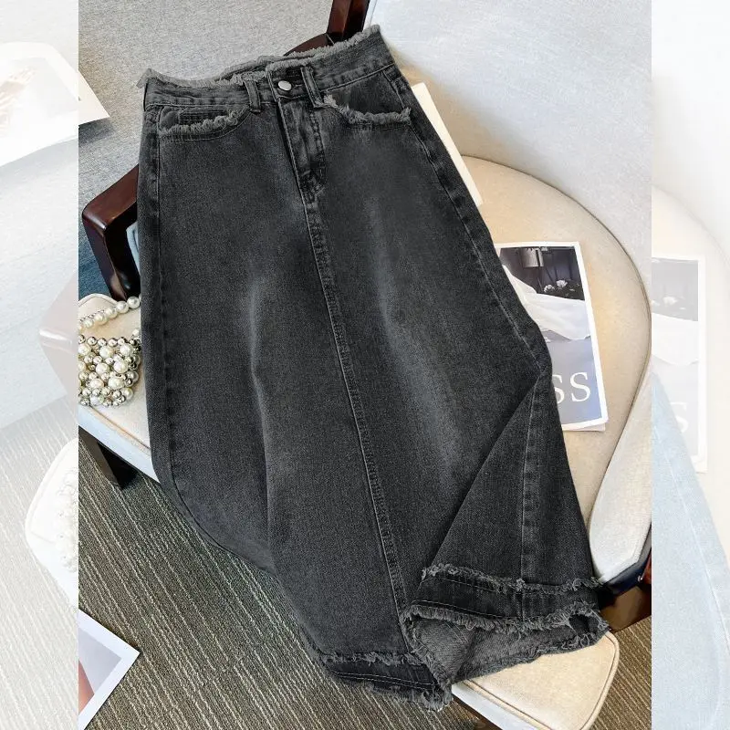 Women's Denim Wrap Skirts Retro High Waist Slit A-Line Denim Pockets Skirt Autumn Fashion Straight Ripped Jeans Skirt Female