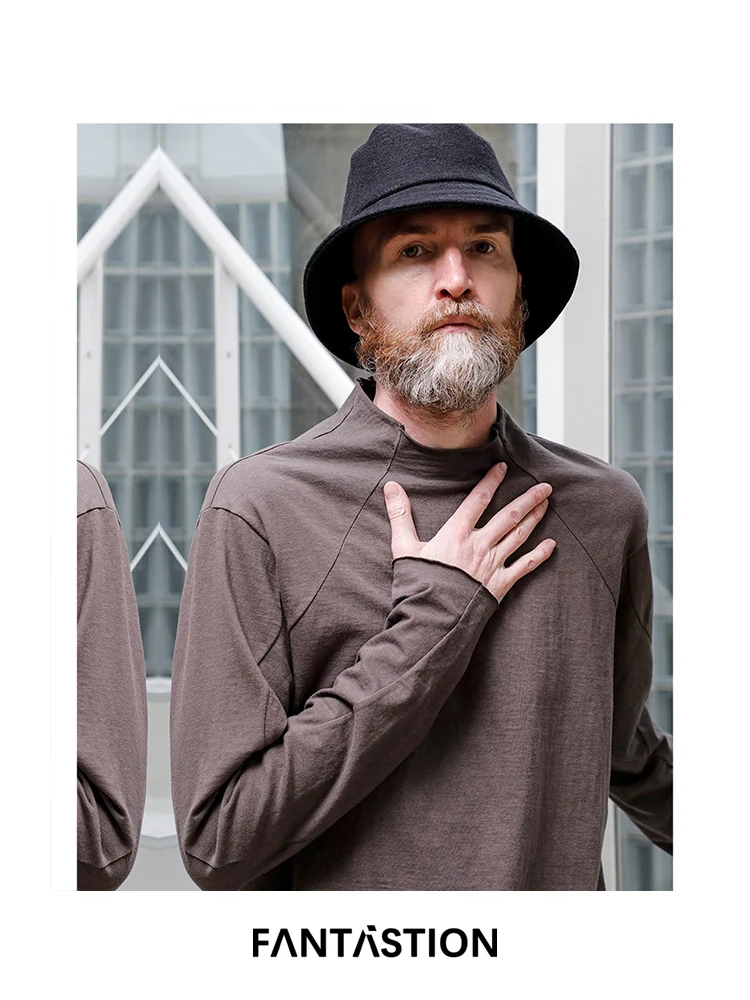 FANTASTION Original design vintage Deconstructing raw edge stand-up collar pure cotton loose long sleeve versatile T-shirt