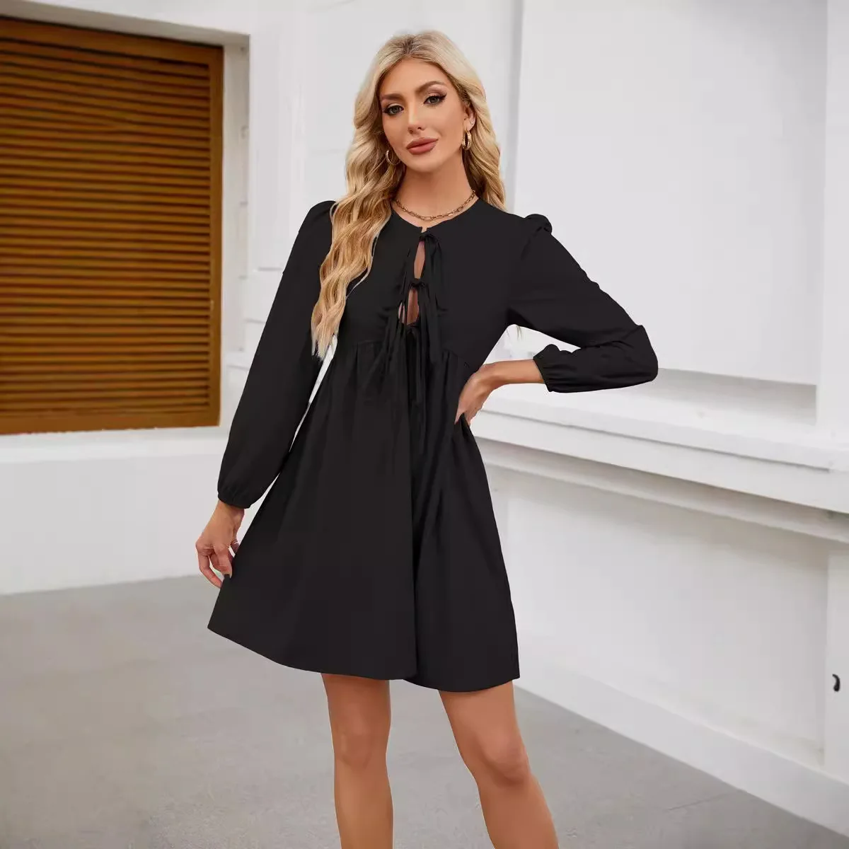 Frühling Casual Süße Hemd Kleid frauen Langarm Rundhals Lose Hoodie Kleid Strand Einfarbig Festival Bowknot Kleid