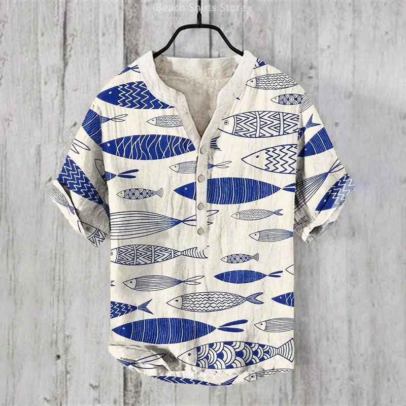 

2025 New Men's Retro Fish Geometric Abstract Art Print Half Button Linen Shirt, Fast Shipping