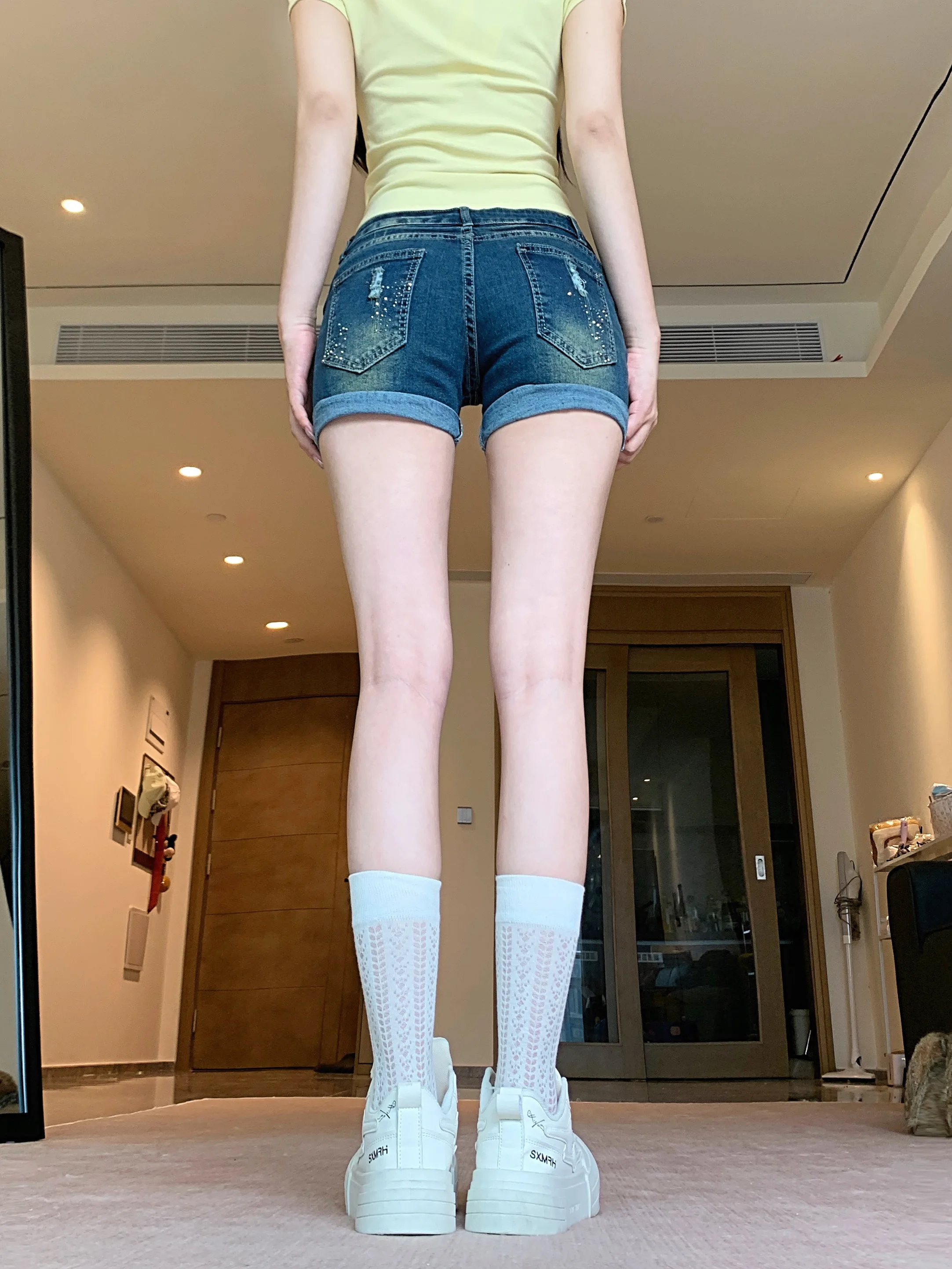 レディース ブルー ホットダイヤモンド ホールウォッシュ フリップジーンズ ショートパンツ Y2K アメリカン ストリートウェア セクシー ホットガール ヒップホップ ホットパンツ サマー 2025 服