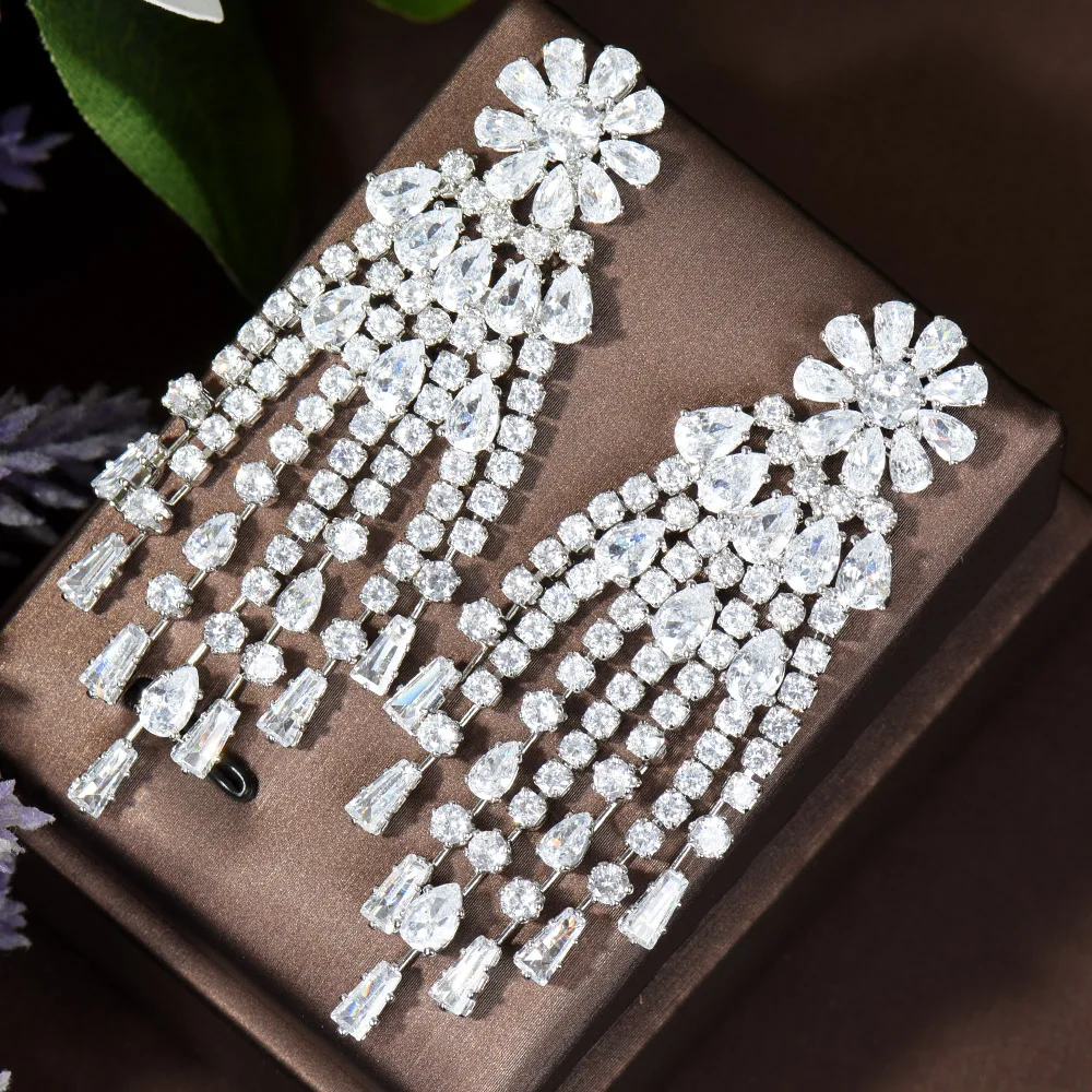 

HIBRIDE Tassel Flower Drop White Cubic Zirconia Stone Large Women Party Costume Wedding Earrings Jewelry For Brides E-479